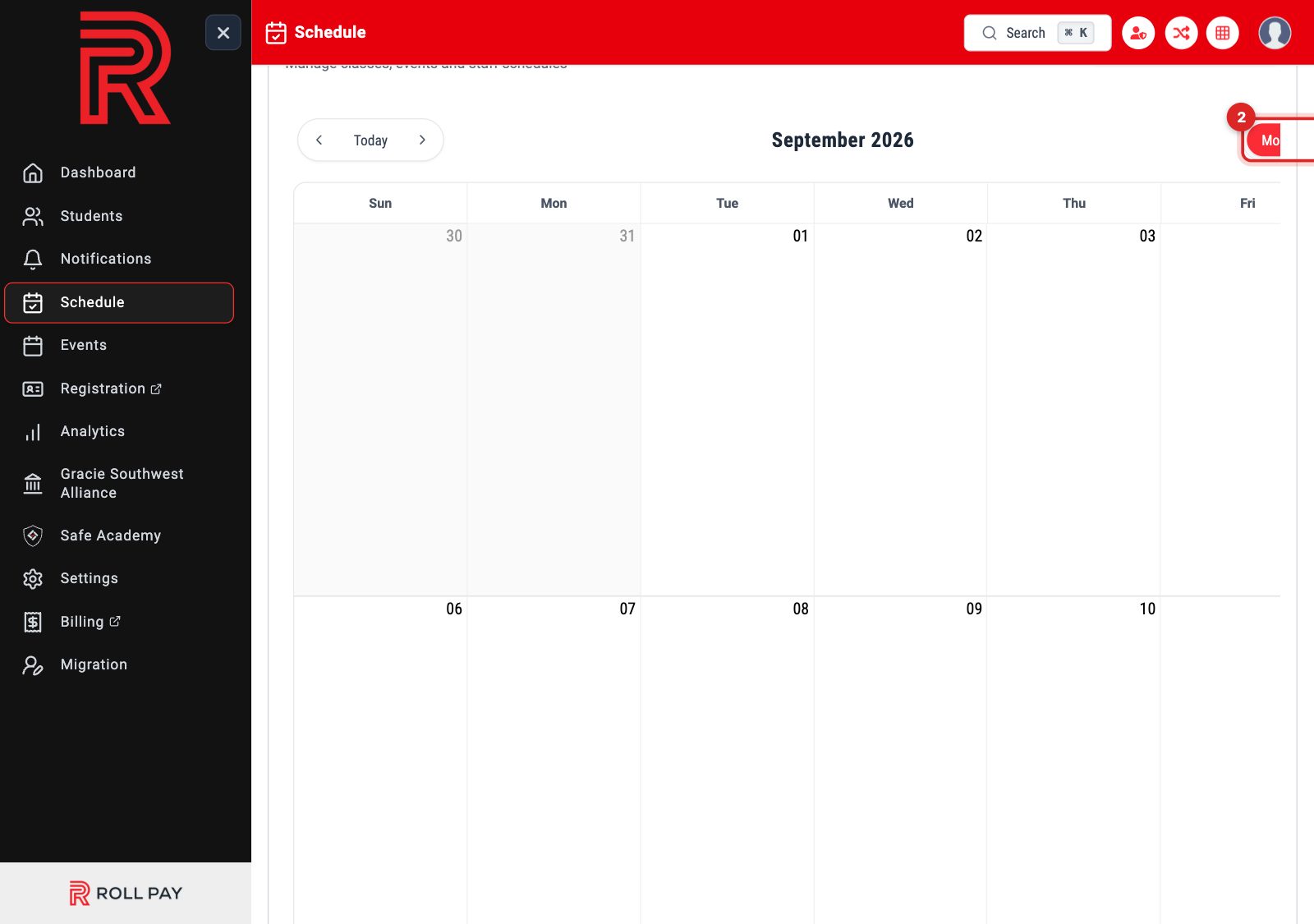 The month, week, day and agenda buttons beside the Today control