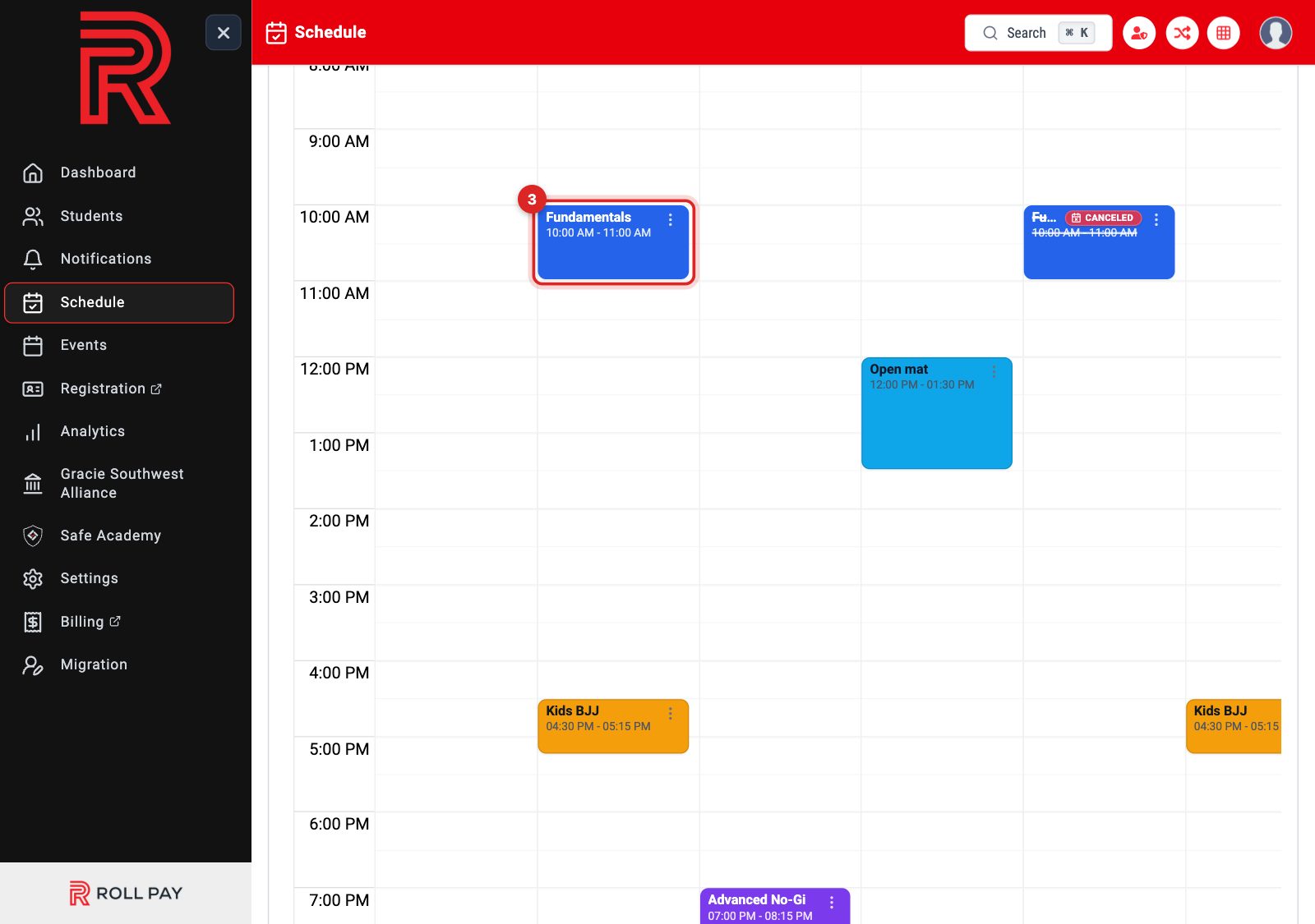 A week of classes, each in its own colour