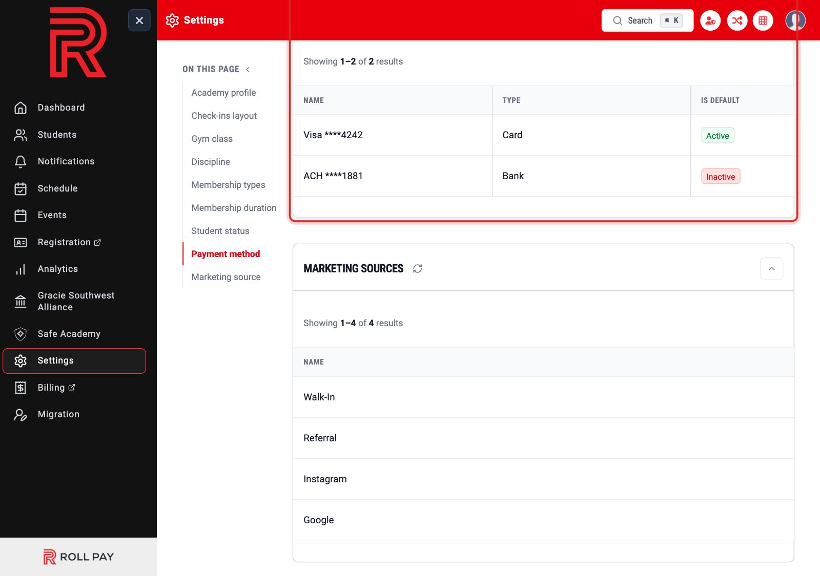The payment method list showing a card and a bank account