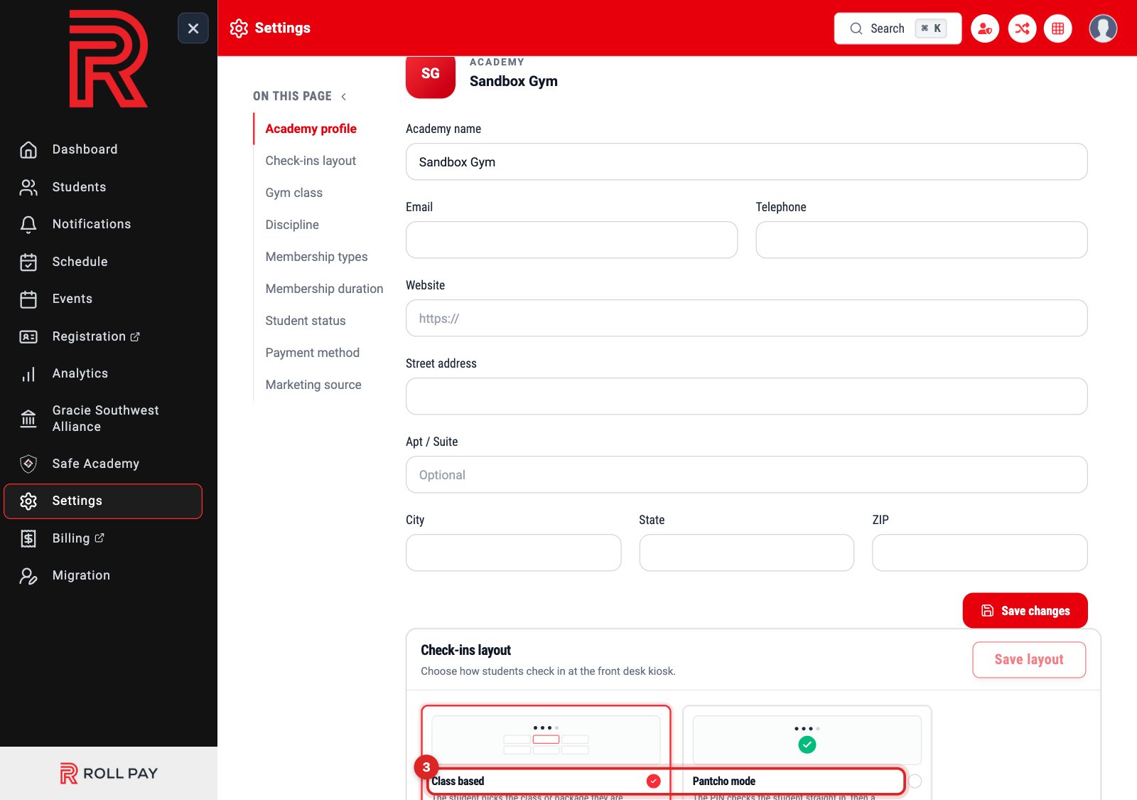 The two check-in layouts, class based and Pantcho mode
