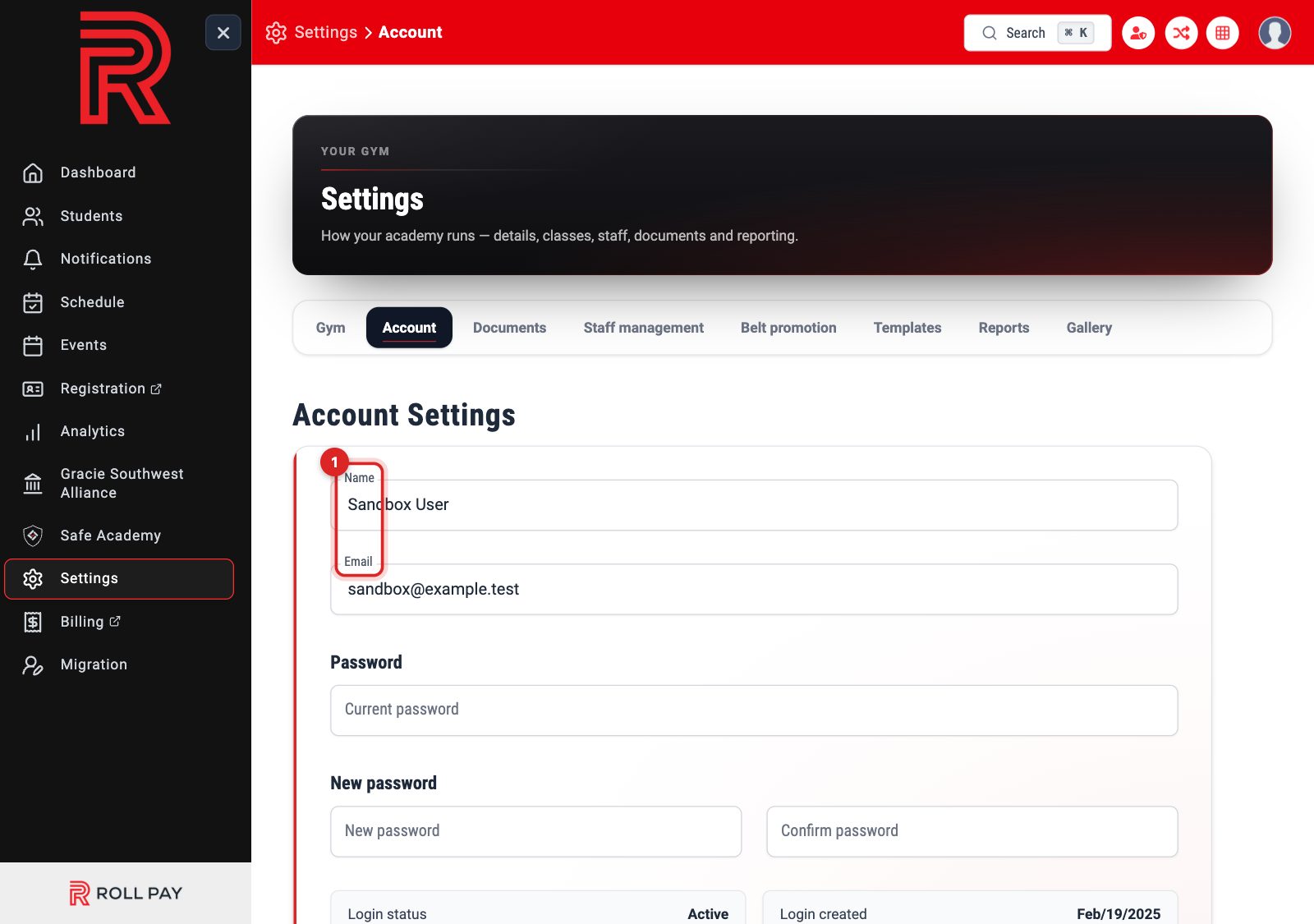 The name and email fields on the Account tab