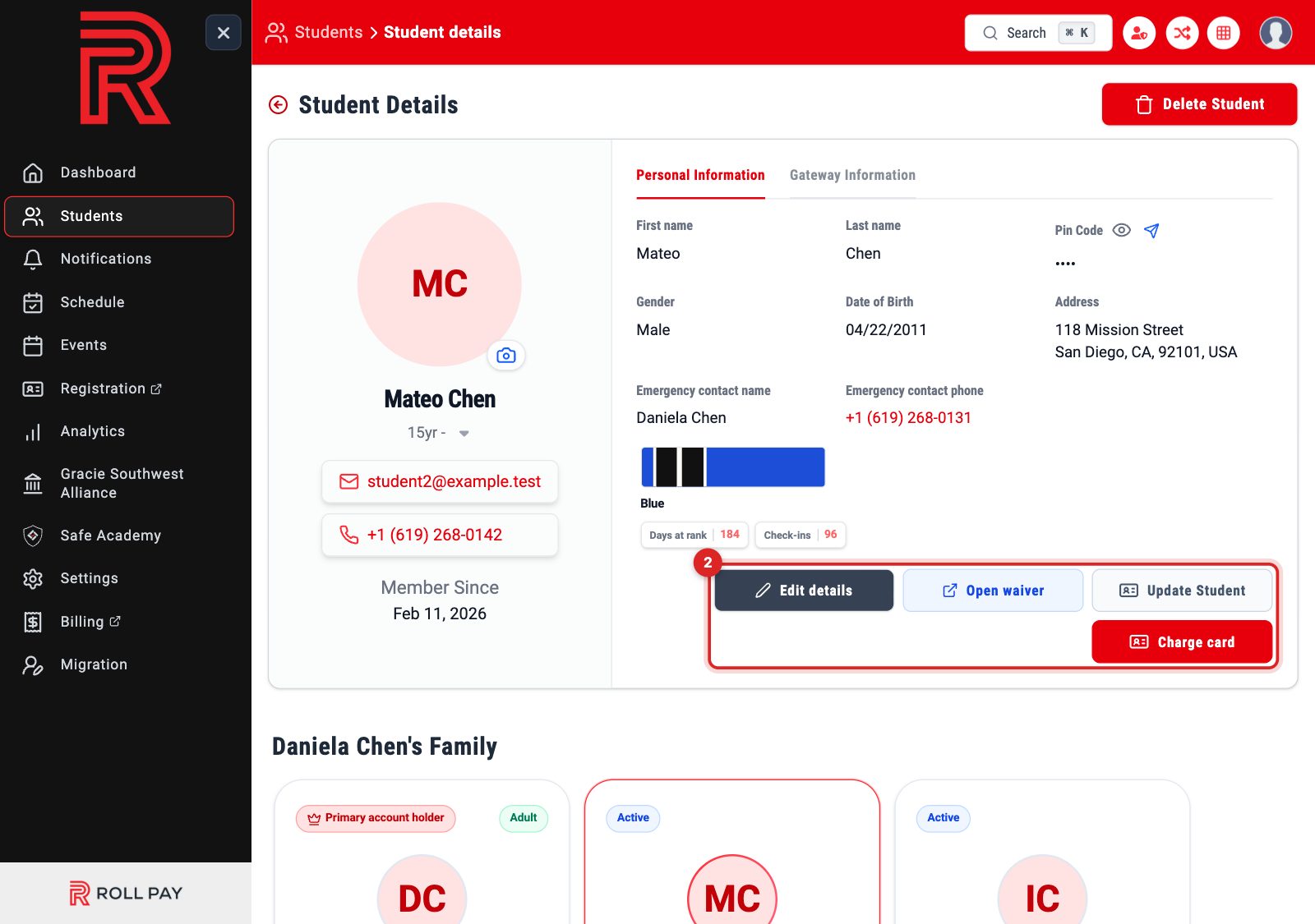 The Edit details, Open waiver, Update Student and Charge card buttons