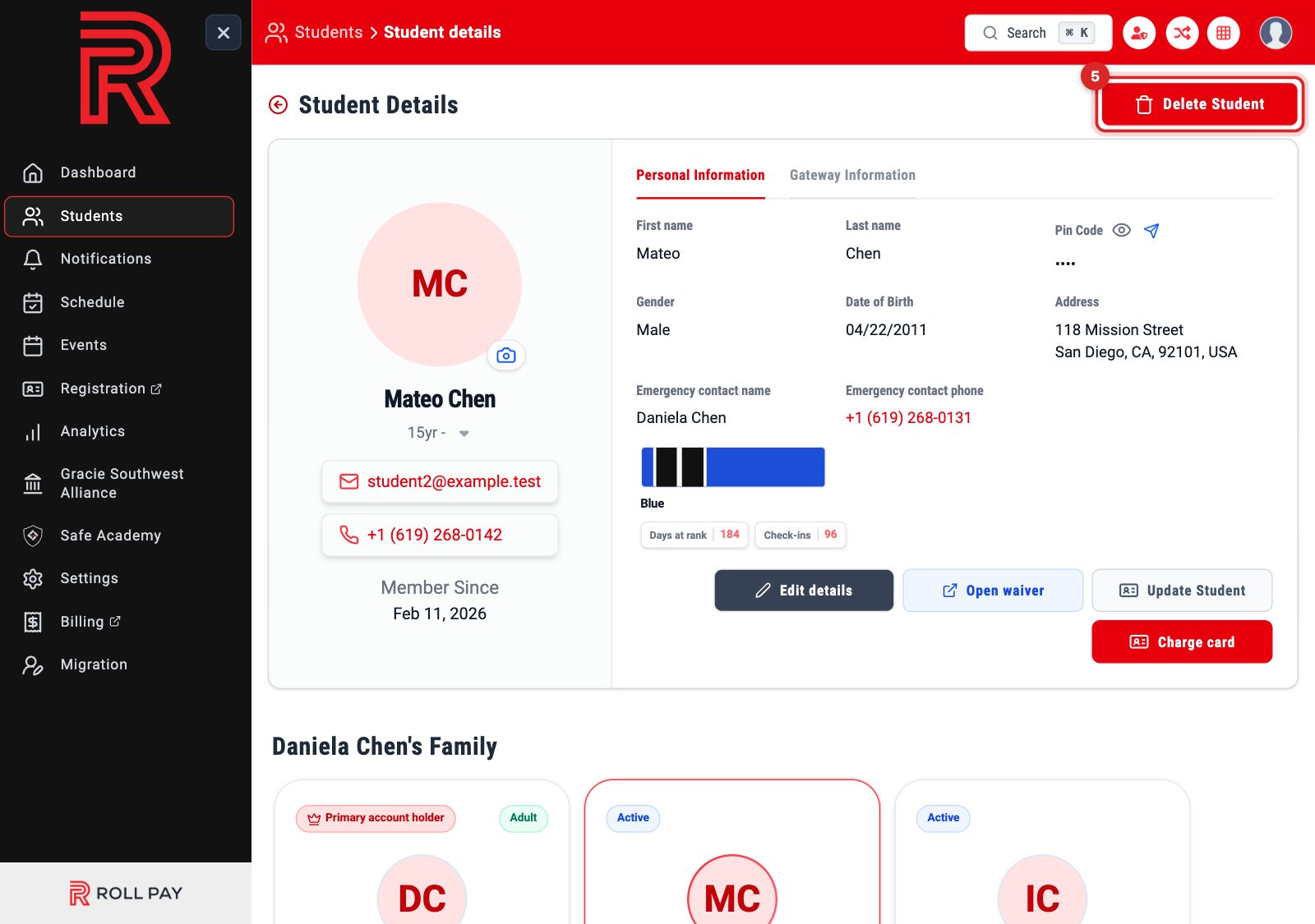 The Delete Student button at the top right of the profile