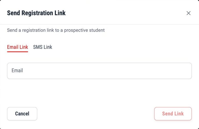 The Send Registration Link box: Email Link and SMS Link, an email field, Cancel and Send Link