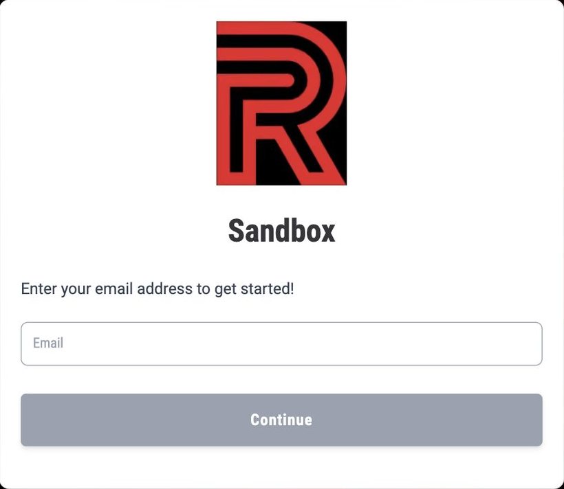 The registration form's first screen: Enter your email address to get started, with an email box and Continue