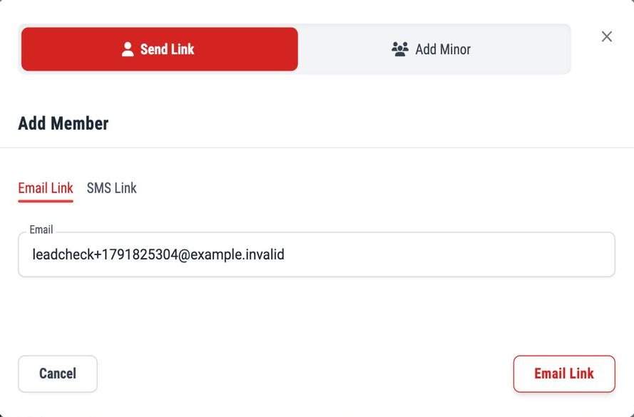 The Add Member box on a family, with Add Minor and Send Link at the top