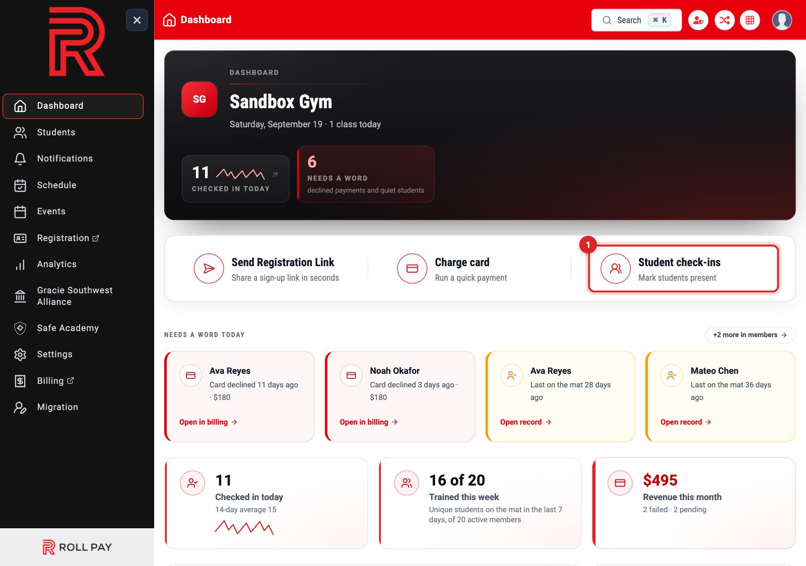The Student check-ins quick action on the Dashboard