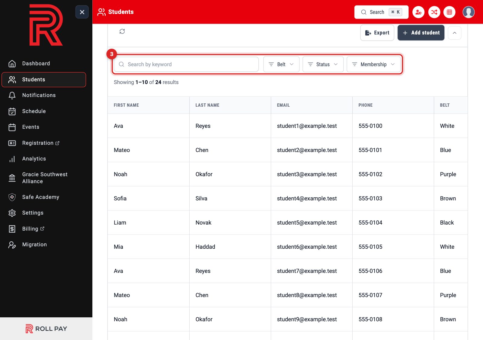 The search box and the belt, status and membership filters