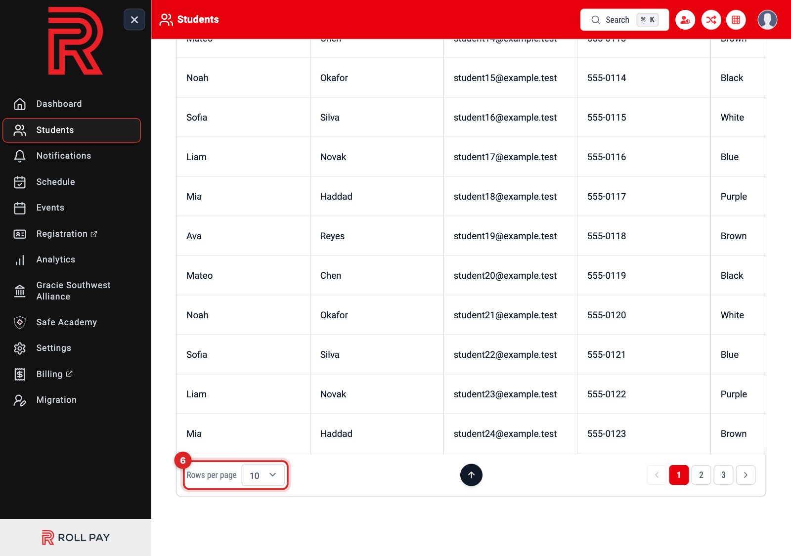 Rows per page and the page numbers at the foot of the roster