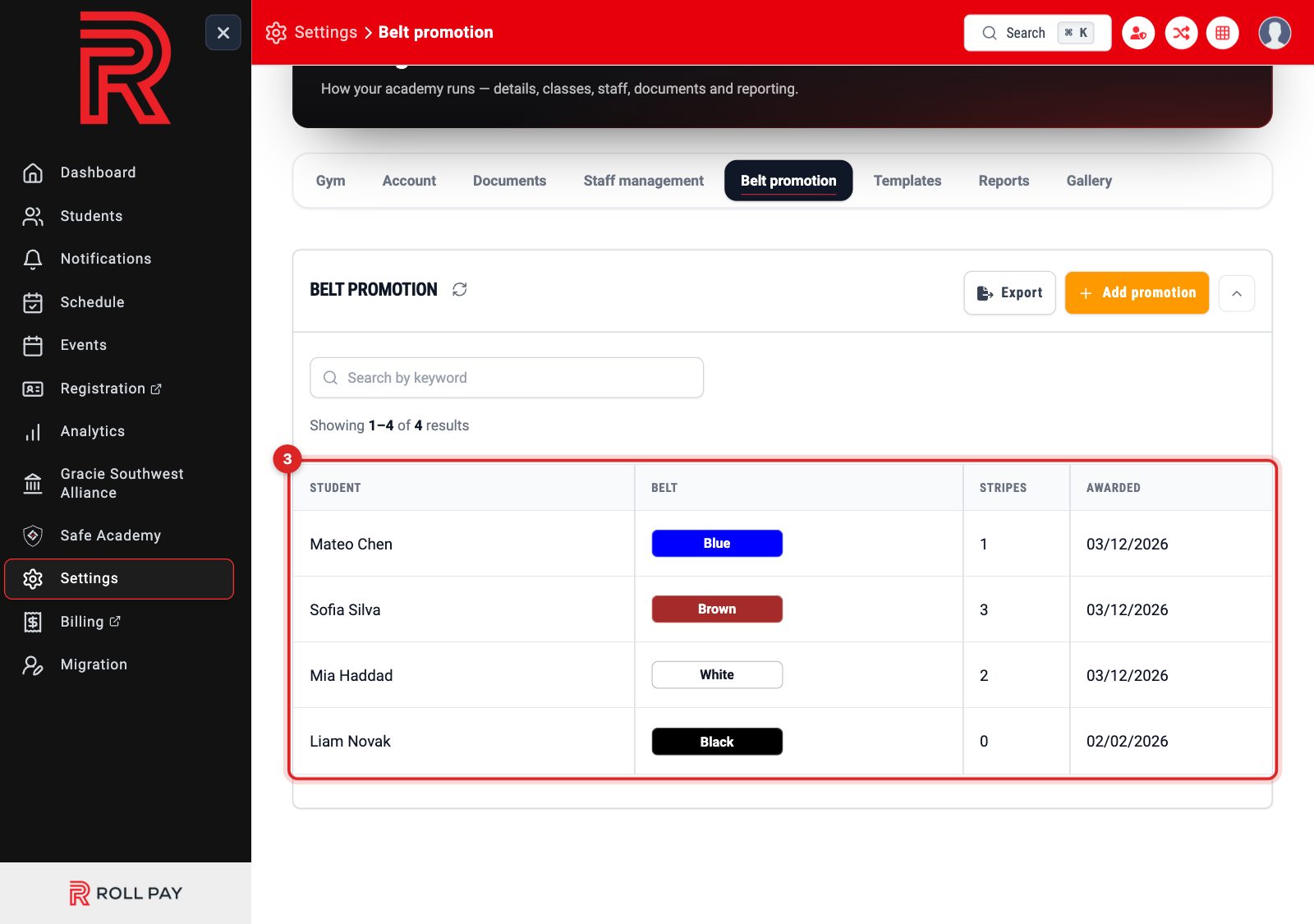 The academy-wide belt promotion list under Settings